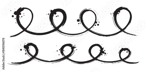Brushstroke wavy lines create an artistic and dynamic pattern with expressive ink splatters and textured loops, perfect for creative design elements.