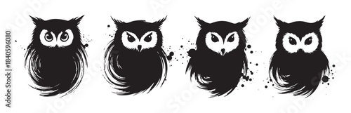 Four stylized black and white owls depicted with expressive eyes and a unique brush stroke texture, creating a modern graphic art illustration.