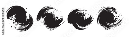 Four abstract ink brush strokes with dynamic artistic texture and expressive splatters create a versatile design element collection.