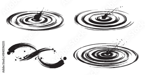 Hand-drawn brushstroke ink illustrations depict captivating water ripples and an elegant infinity symbol, creating a versatile set of graphic elements.