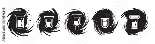 Laboratory glassware icons with grunge splash elements depicting various scientific vessels for research and experimentation in a graphic black and white style.