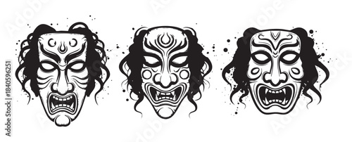 Three stylized Japanese demonic masks with grunge texture and fierce expressions are depicted in a striking black and white vector illustration.