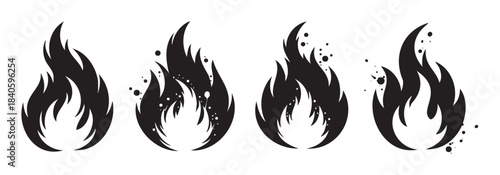 Four stylized black flame icons with dynamic ember details and varying shapes are perfect for representing heat, energy, and danger in graphic design projects.