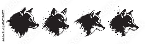 Four stylized wolf heads depicted in a bold black and white artistic illustration, showcasing their fierce profiles with a grunge ink splatter effect.