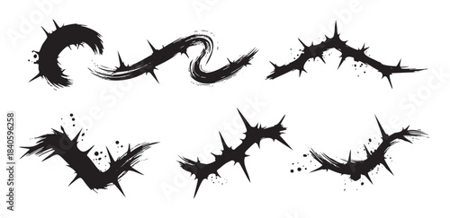 Thorny brushstroke elements create a collection of sharp, grunge-style vector designs, perfect for adding a dark and edgy artistic touch to various projects.