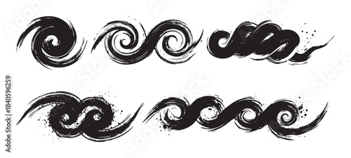 Black ink brush strokes form a collection of dynamic, distressed wave and spiral patterns, showcasing a grunge texture with artistic splatters.