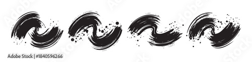 Four dynamic black ink brush strokes with textured details and splatters create an artistic and expressive design element on a clean canvas.