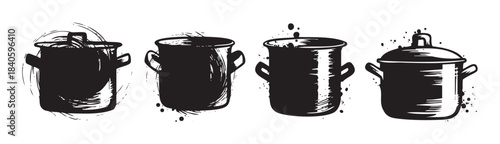 Four black cooking pots and saucepans with a hand-drawn artistic style featuring grunge textures and ink splatters, perfect for culinary designs and kitchen themes.