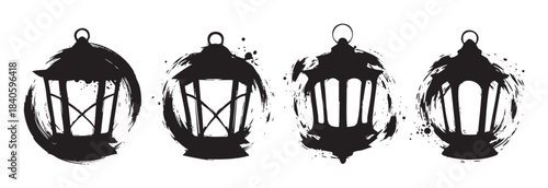 Four stylized black lanterns with a unique grunge brushstroke effect, ideal for decorative elements, festive holiday designs, or vintage-themed projects.