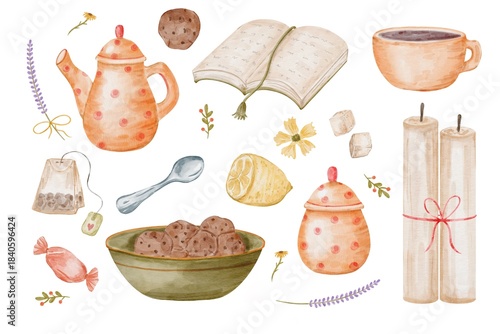 Watercolor Tea Time Illustration Set, Cozy Hand Painted Elements