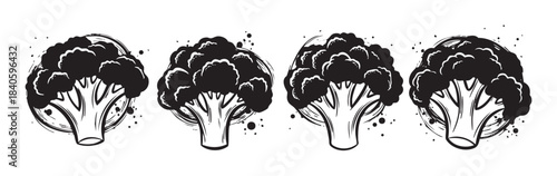 Four stylized broccoli florets are depicted in a hand-drawn black and white illustration, showcasing healthy vegetable concepts and organic food themes.