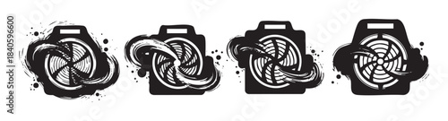 Four industrial air movers with abstract swirling fan blades are depicted in a grunge style illustration, showcasing dynamic movement and powerful airflow.
