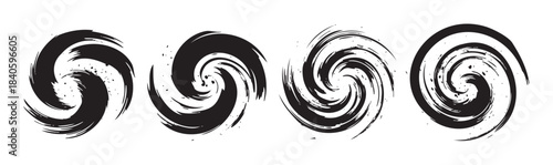 Black grunge spiral swirls are hand-drawn brushstroke elements with ink splatters, creating a dynamic and artistic design collection.