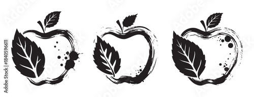 Three stylized black ink apple illustrations with leaves and stems, featuring a unique grunge brushstroke texture, perfect for healthy food branding or organic product design.
