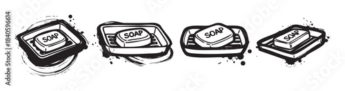 Four graphic black and white illustrations of a bar of soap resting in a soap dish, featuring a distressed, grunge-like artistic style.