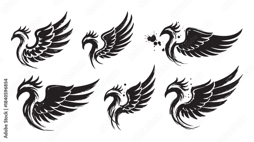Obraz premium Stylized phoenix bird illustrations with powerful wings are depicted in a dynamic brushstroke art style, suitable for various design projects.