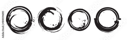 Black enso circles are hand-drawn with expressive brushstrokes and ink splatters, creating a set of abstract artistic elements for design.