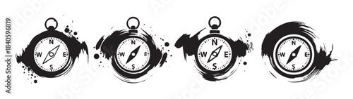 Four grunge style compasses with ink splash effects represent exploration, adventure, and finding your way in a stylized graphic illustration.