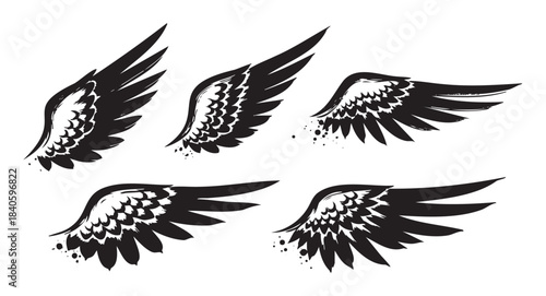 Black stylized wings with grunge texture and ink splatters create a dynamic and artistic vector illustration set suitable for various design projects.