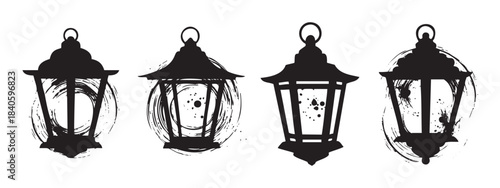 Four decorative black lanterns feature a classic design with artistic brushstroke textures and solid silhouettes, perfect for adding a touch of vintage charm.