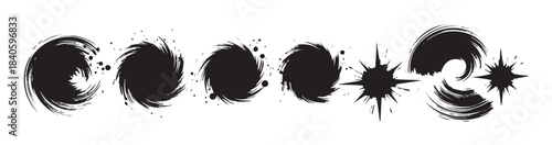 Black ink brush strokes and splatters create a dynamic, abstract collection of grunge design elements with artistic texture and expressive forms.