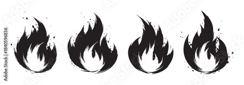 Four stylized black fire icons with a grunge brushstroke effect, showcasing a dynamic and artistic representation of heat, energy, and passion.