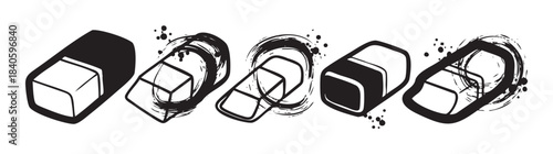Five stylized erasers with artistic brushstroke elements presented in a horizontal row, forming a dynamic and graphic black and white illustration.