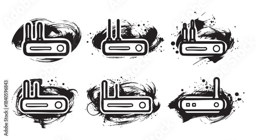 Wi-Fi routers network devices are depicted in a grunge style illustration set, symbolizing modern connectivity and digital communication.