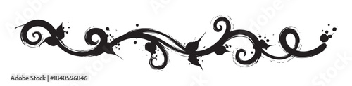 Decorative ink brush stroke flourish design element featuring elegant swirls and grunge splatters, perfect for artistic borders or graphic accents.