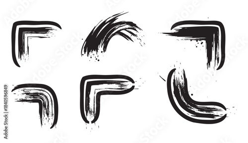 Black ink brush strokes and artistic frames create a dynamic collection of expressive graphic design elements with a textured, hand-drawn aesthetic.