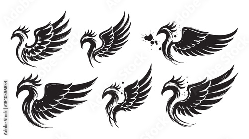 Stylized phoenix bird illustrations with powerful wings are depicted in a dynamic brushstroke art style, suitable for various design projects.