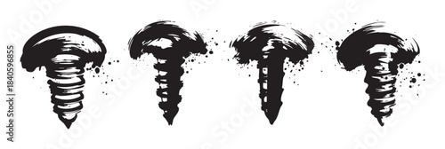 Stylized screws and bolts are depicted with a rough, artistic brushstroke effect and expressive ink splatters, creating a grunge and industrial aesthetic.