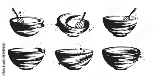 Six stylized mixing bowls and whisks with artistic brushstroke textures and ink splatters, representing cooking, baking, and culinary creativity.