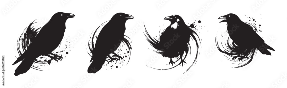 Obraz premium Four stylized black ravens are depicted in a grunge brushstroke art style with ink splatters and artistic flair, creating a mysterious and graphic illustration.