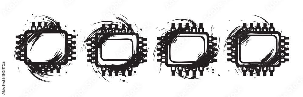 Fototapeta premium Four grunge microchip illustrations with artistic brush strokes and splatter effects, representing technology and digital concepts in a creative, modern style.