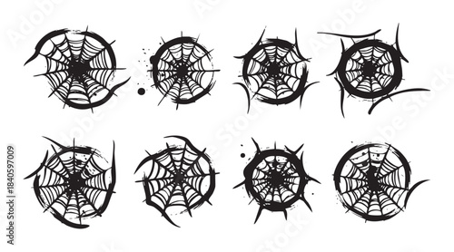Eight grunge spider webs Halloween decoration elements collection showcasing a spooky and artistic ink brushstroke design perfect for seasonal themes.