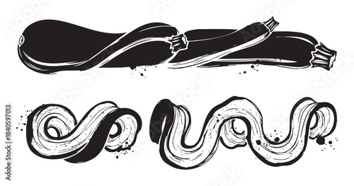 Stylized black ink brush stroke vegetables and abstract wavy elements with grunge texture, ideal for modern graphic design and artistic projects.