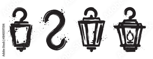 Four stylized grunge black lanterns and hooks are depicted in a hand-drawn ink splatter art style, perfect for rustic or vintage design elements.