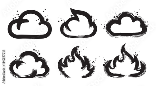 Brush stroke clouds and flames icons set features a collection of hand-drawn grunge weather and fire symbols with artistic ink splatters.