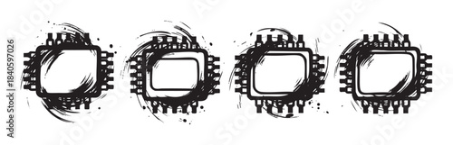 Four grunge microchip illustrations with artistic brush strokes and splatter effects, representing technology and digital concepts in a creative, modern style.