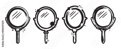 Four grunge style hand mirrors are depicted with artistic brush strokes and ink splatters, creating a unique and expressive illustration.