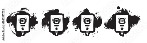 Four stylized water heater icons with a grunge brushstroke effect, representing heating, plumbing, and home appliance concepts in a modern graphic style.