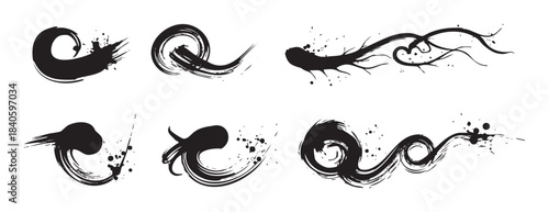Black ink brush strokes create a collection of dynamic, artistic, and expressive design elements with a grunge texture and splatter details.