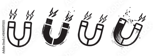 Four horseshoe magnets with lightning bolts illustrating magnetic attraction, power, and force presented in a diverse set of hand-drawn artistic styles.