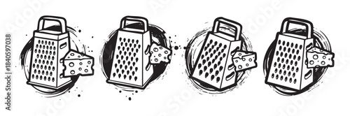 Four cheese graters and cheese pieces are depicted in a rustic, hand-drawn style, perfect for culinary and kitchen-themed designs.