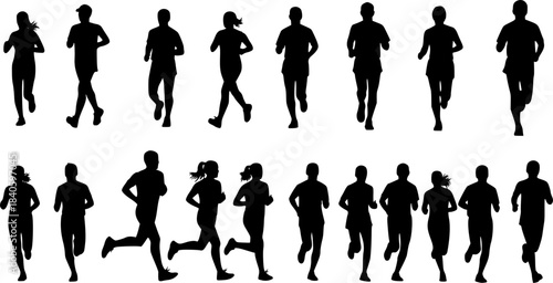 Run. Running men and women, vector set of isolated silhouettes
