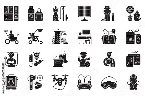 Modern Everyday Activity And Equipment Icon Set Collection For Lifestyle And Daily Use Illustration. Clean glyph style vector graphics, perfect for apps, infographics, presentations, websites, and cre