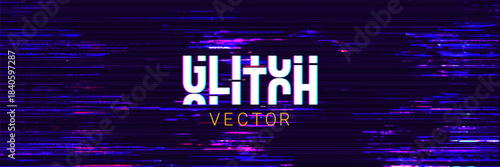Game Glitch Pixels Screen. Abstract Cyberpunk Purple Glitched Background. Abstract Noise Effect, Error Video Damage, Stylized Data Corrupted Lines. Vector illustration. 