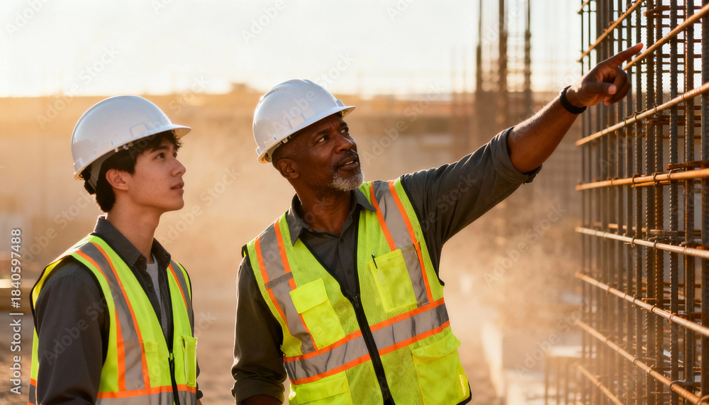 custom made wallpaper toronto digitalForeman work construction site safety vest hard hat mentor pointing instructing young worker at sunrise giving guidance