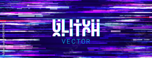 Game Glitch Pixels Screen. Abstract Cyberpunk Purple Glitched Background. Abstract Noise Effect, Error Video Damage, Stylized Data Corrupted Lines. Vector illustration. 